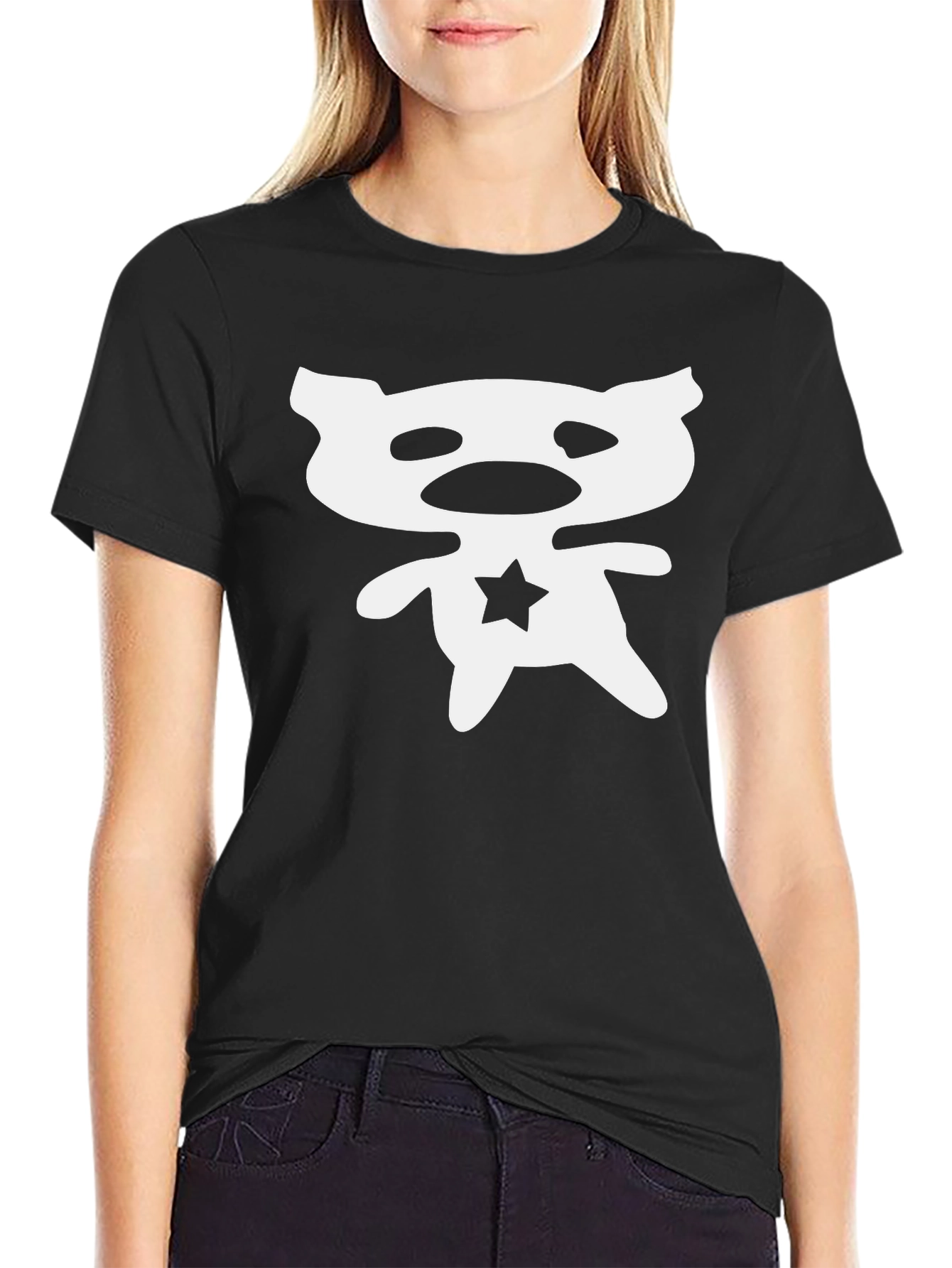 Abstract Bear Star Graphic Black T-Shirt