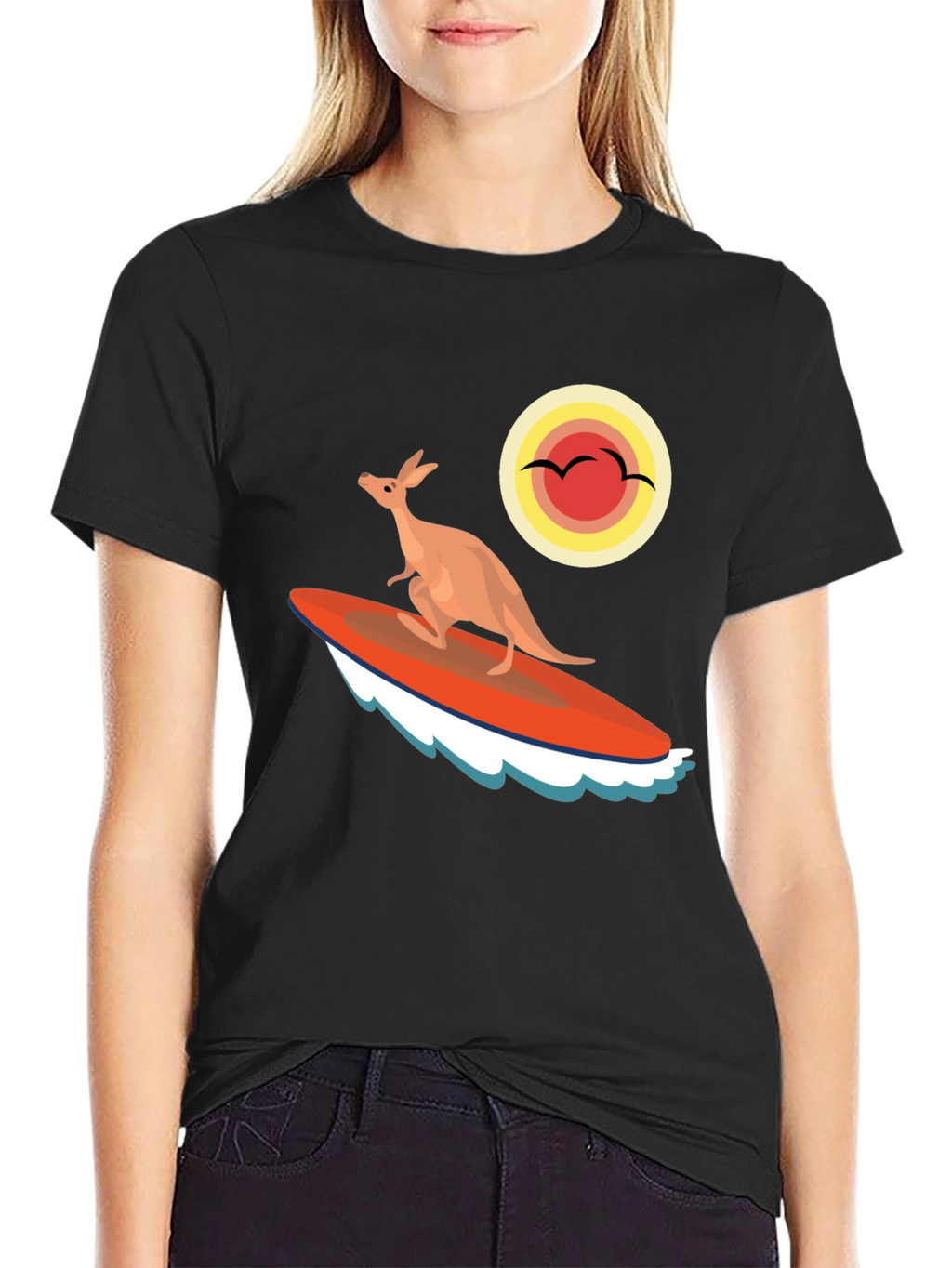Surfing Kangaroo Graphic T-Shirt - Black