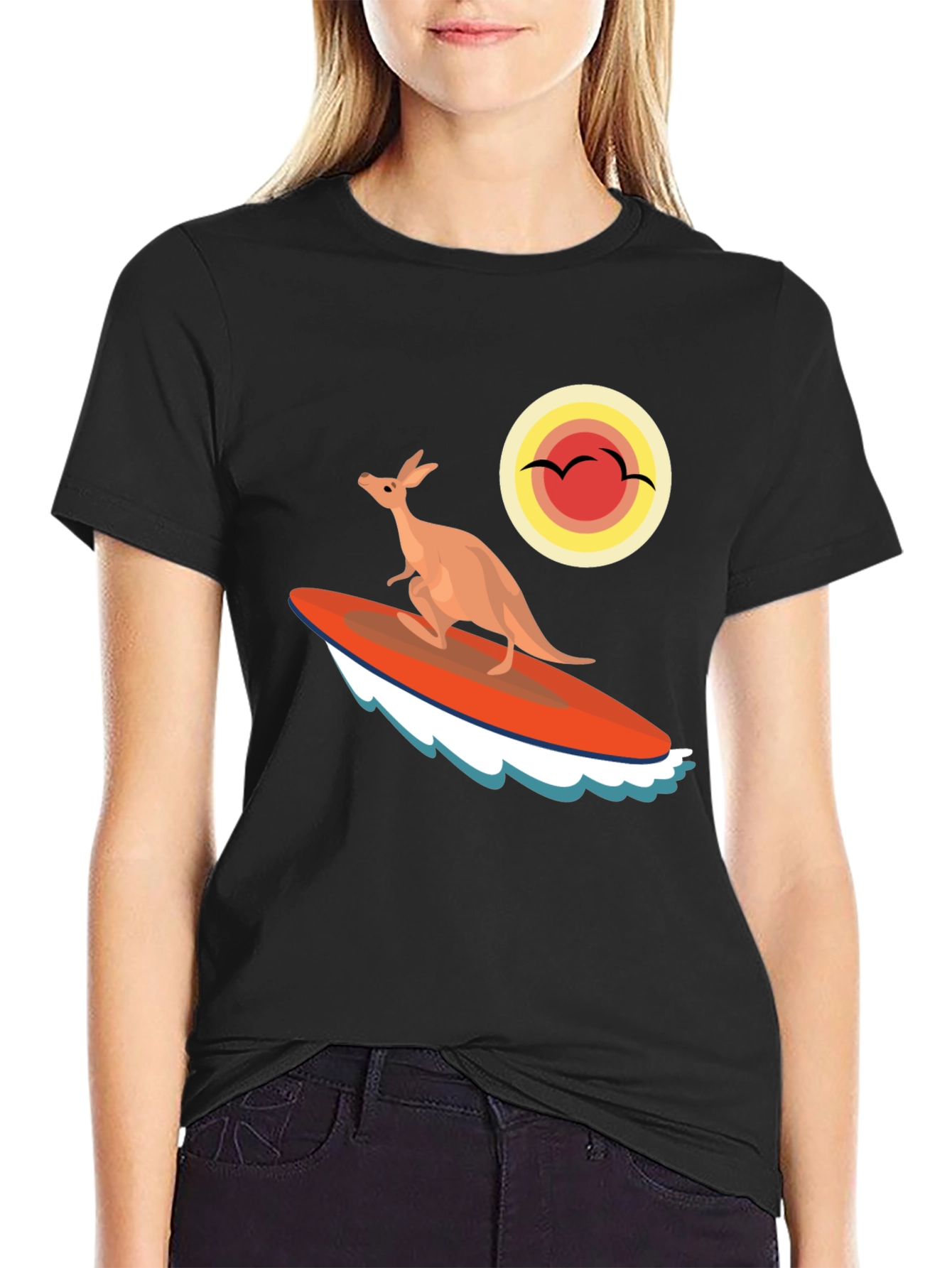 Surfing Kangaroo Graphic T-Shirt - Black