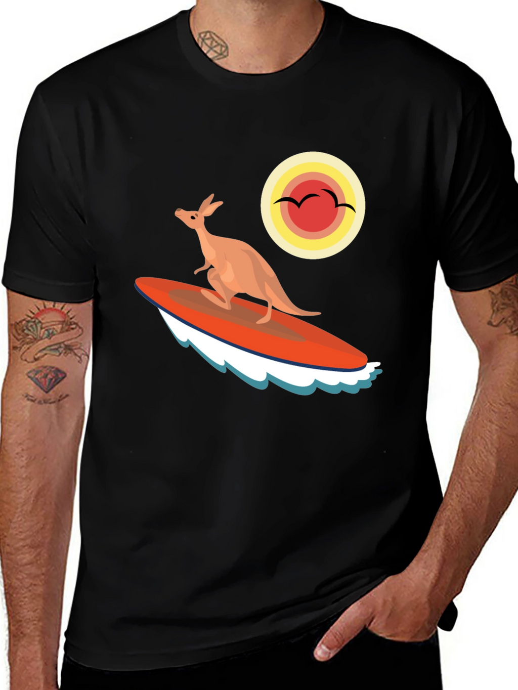 Surfing Kangaroo Graphic T-Shirt - Black