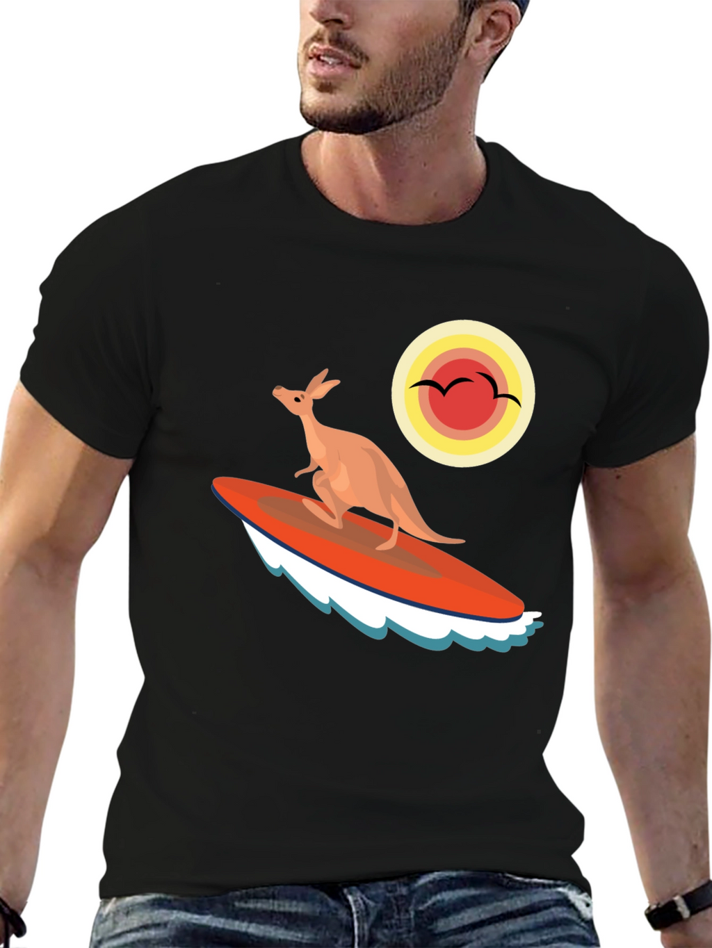 Surfing Kangaroo Graphic T-Shirt - Black
