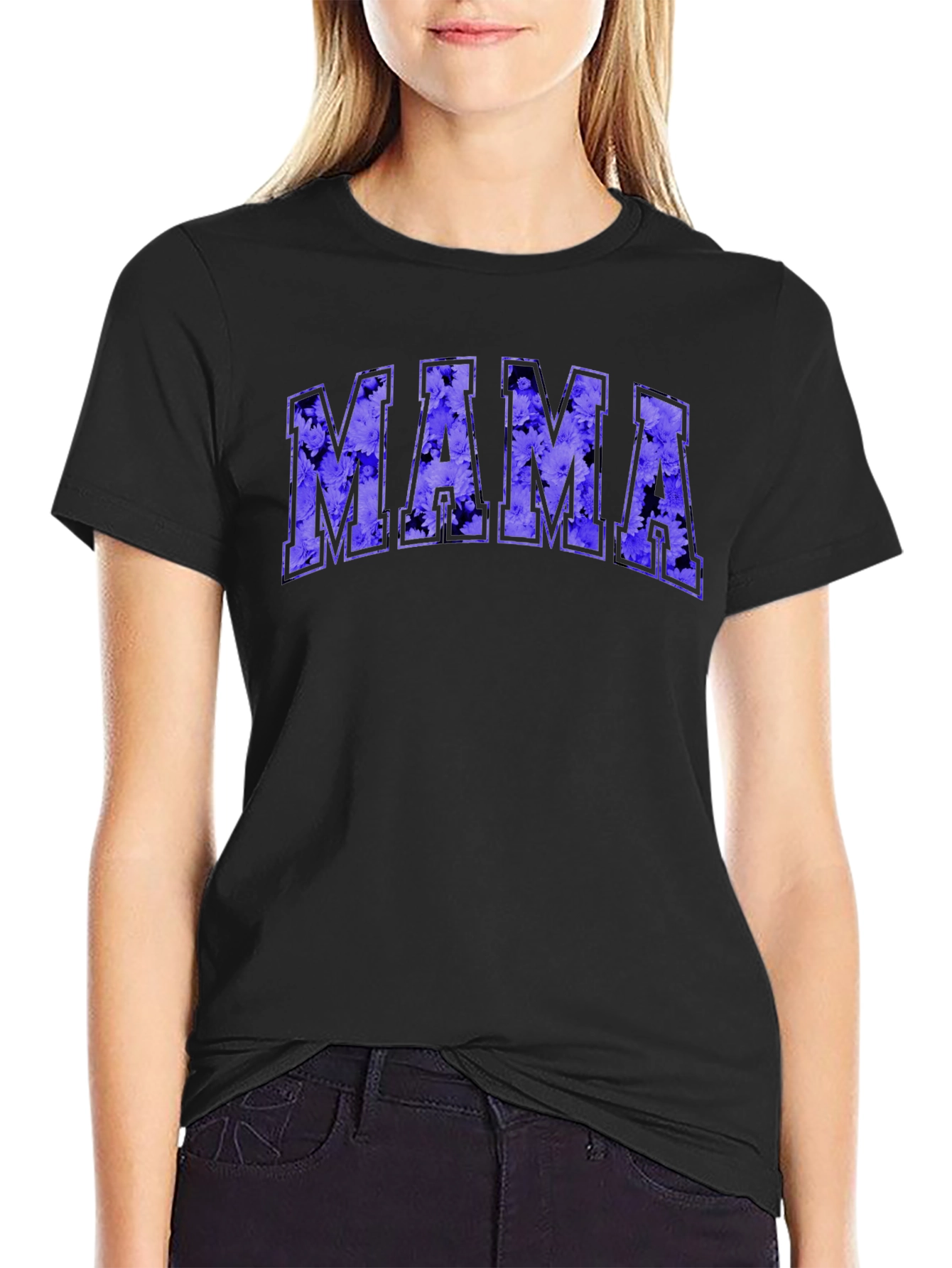 Mama Floral Print Black T-Shirt