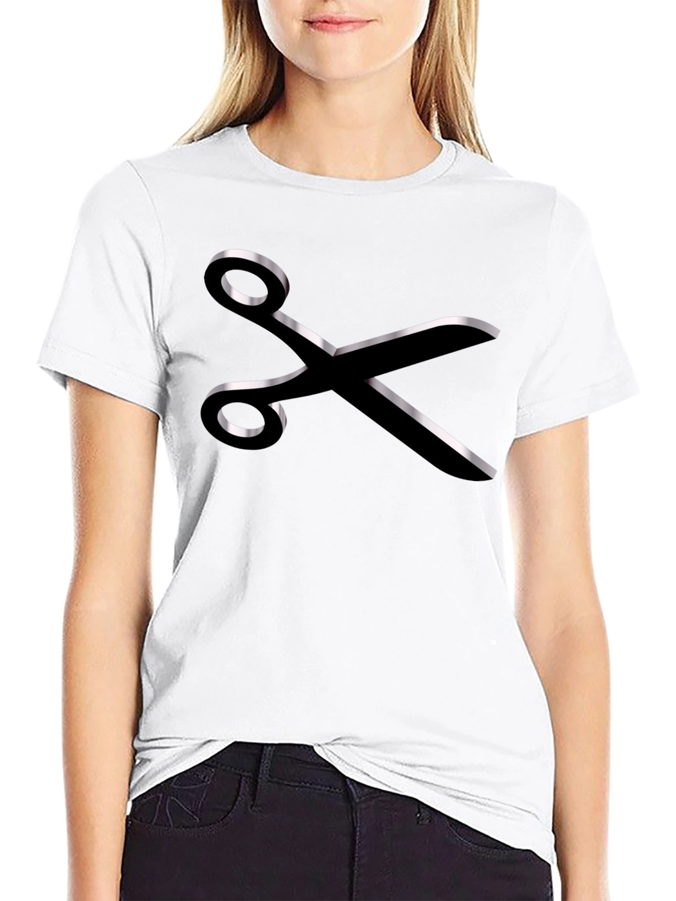 Stylish Scissors Graphic Tee - Black Cotton Blend