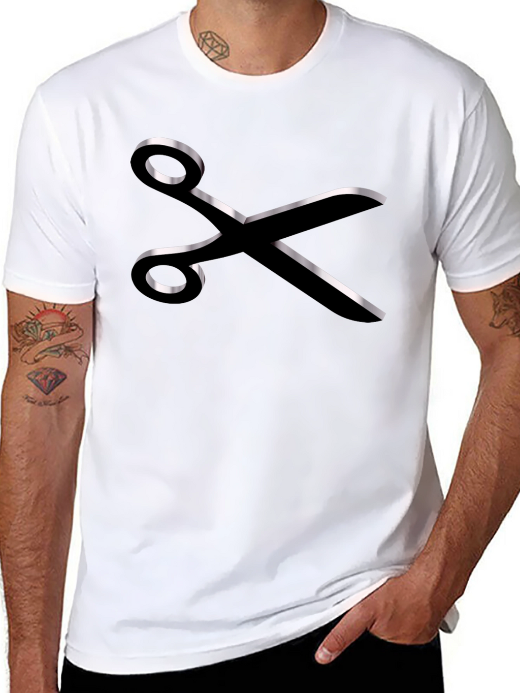 Stylish Scissors Graphic Tee - Black Cotton Blend
