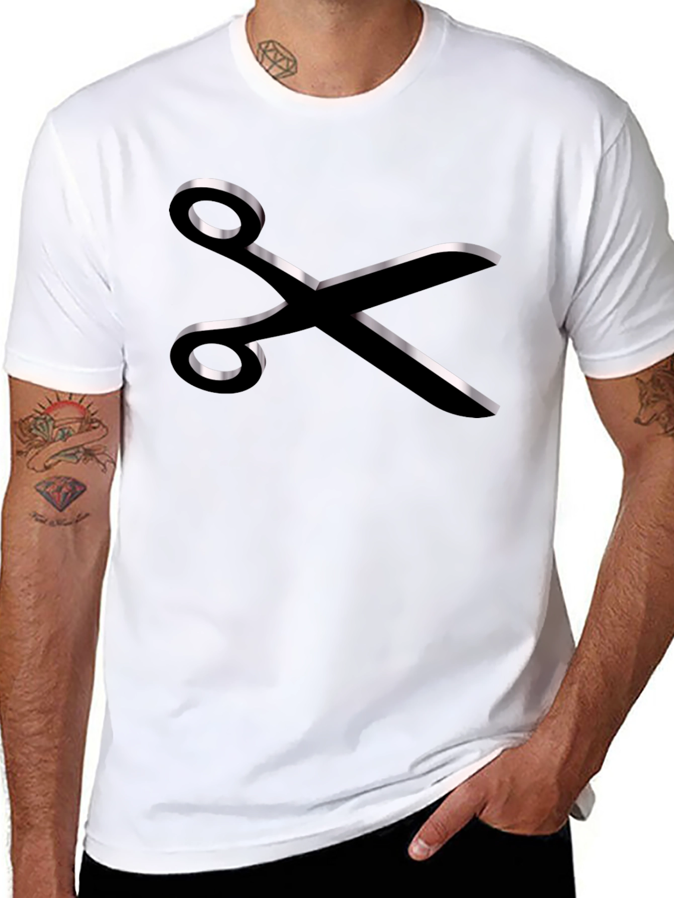 Stylish Scissors Graphic Tee - Black Cotton Blend