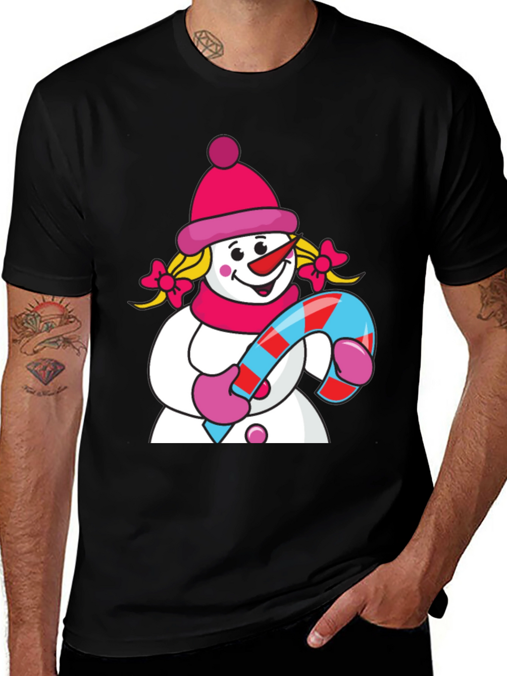 Cute Snowman with Candy Cane Black T-Shirt