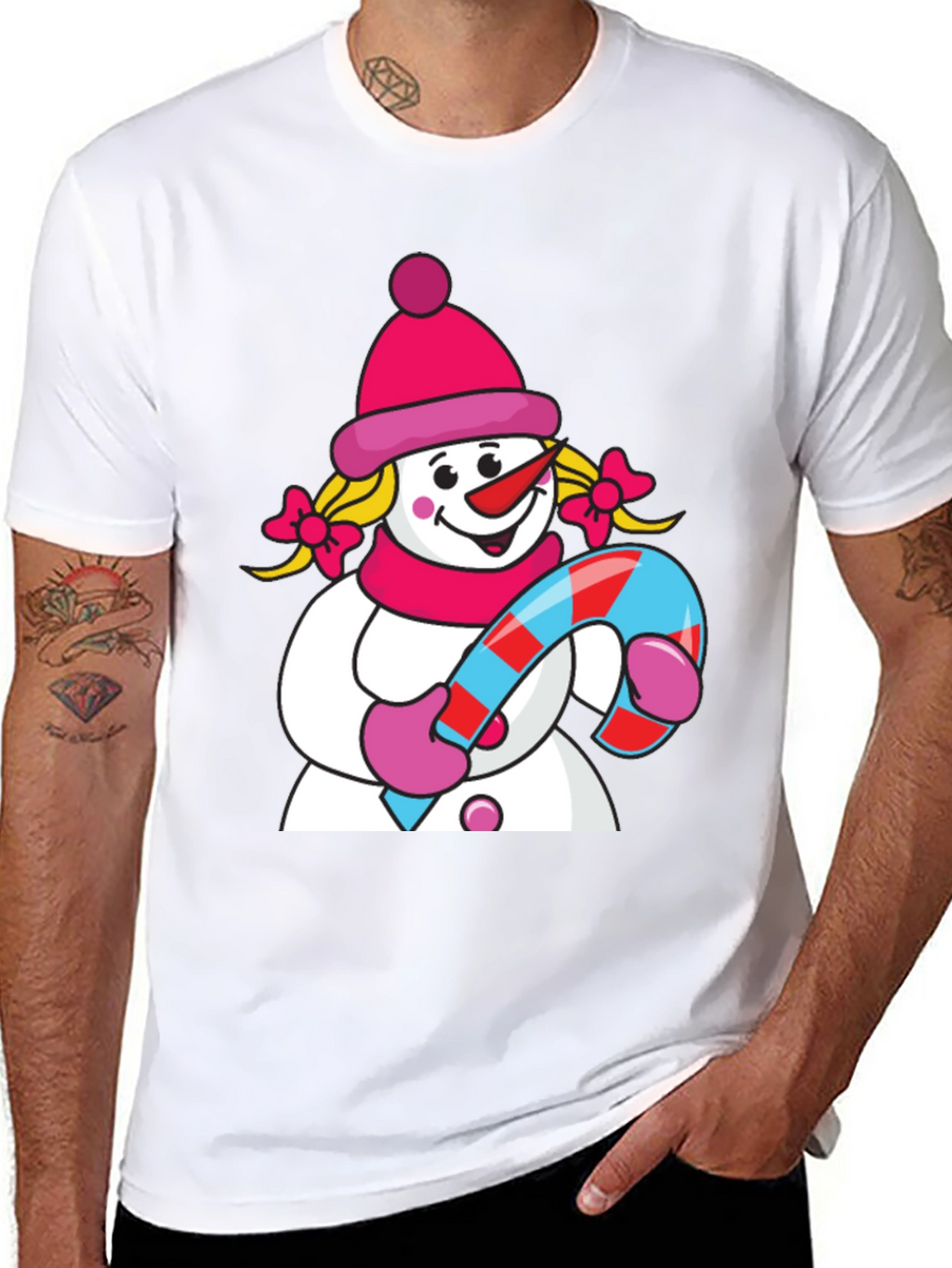 Cute Snowman with Candy Cane Black T-Shirt