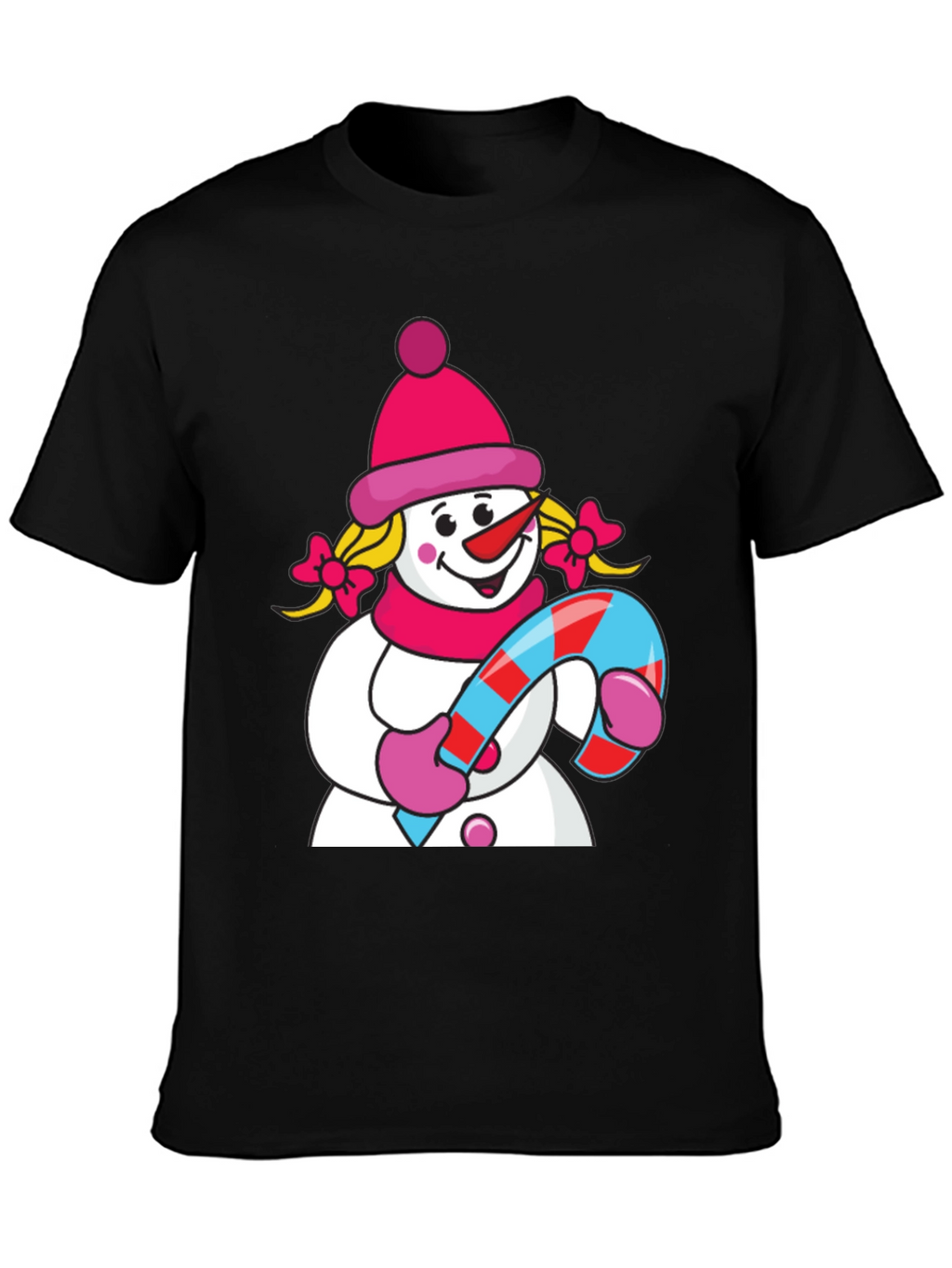 Cute Snowman with Candy Cane Black T-Shirt