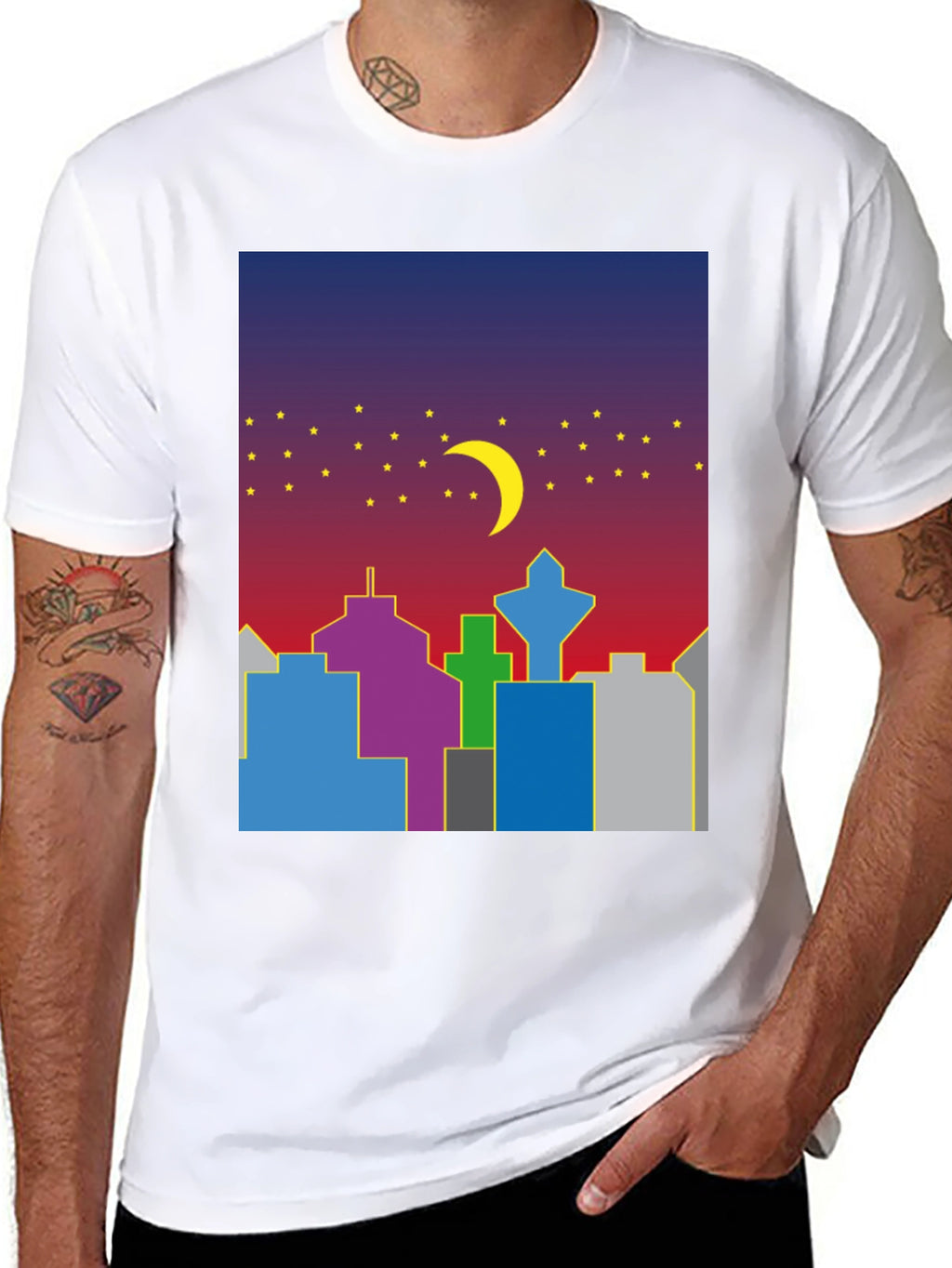 Cityscape Moon Graphic Tee - Cool Night Sky Design
