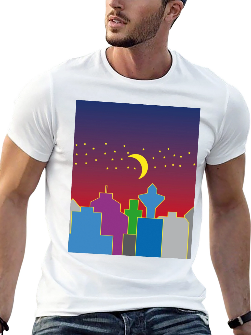 Cityscape Moon Graphic Tee - Cool Night Sky Design