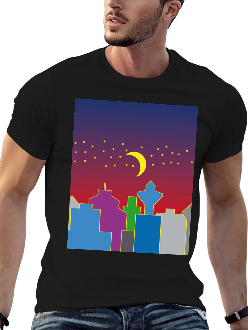 Cityscape Moon Graphic Tee - Cool Night Sky Design