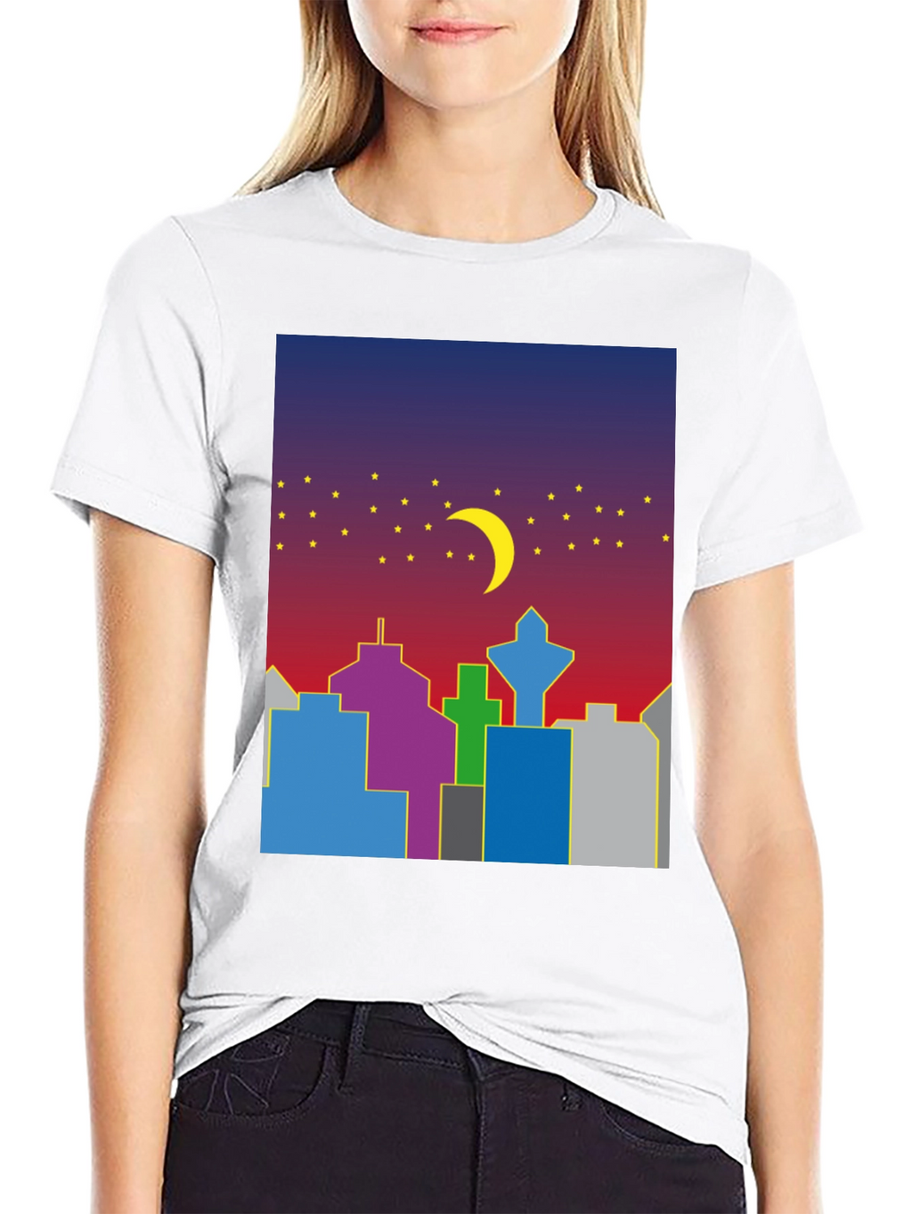 Cityscape Moon Graphic Tee - Cool Night Sky Design