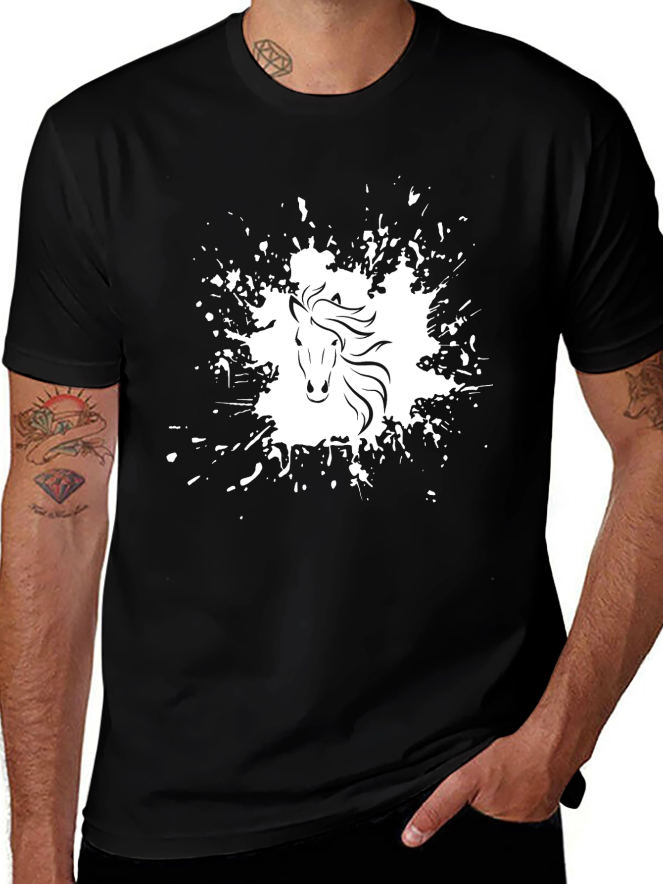 Horse Splatter Graphic Tee - Black Cotton Comfort
