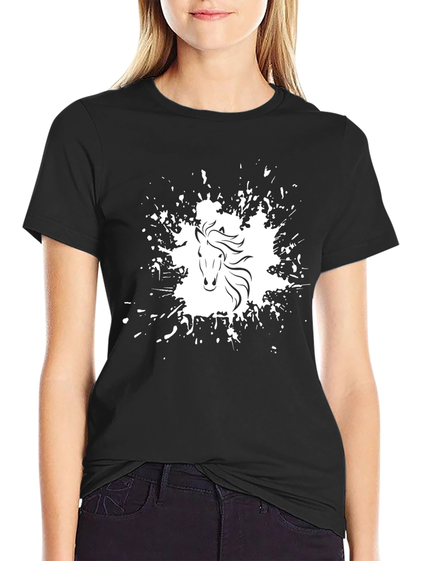 Horse Splatter Graphic Tee - Black Cotton Comfort