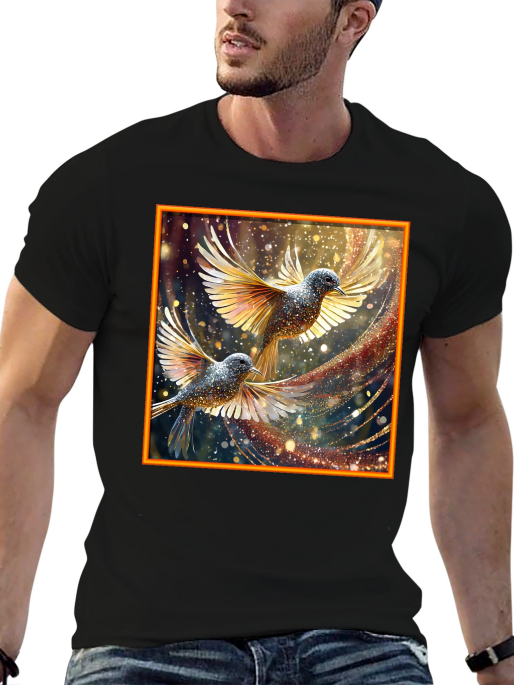 Elegant Birds Graphic Print Black T-Shirt