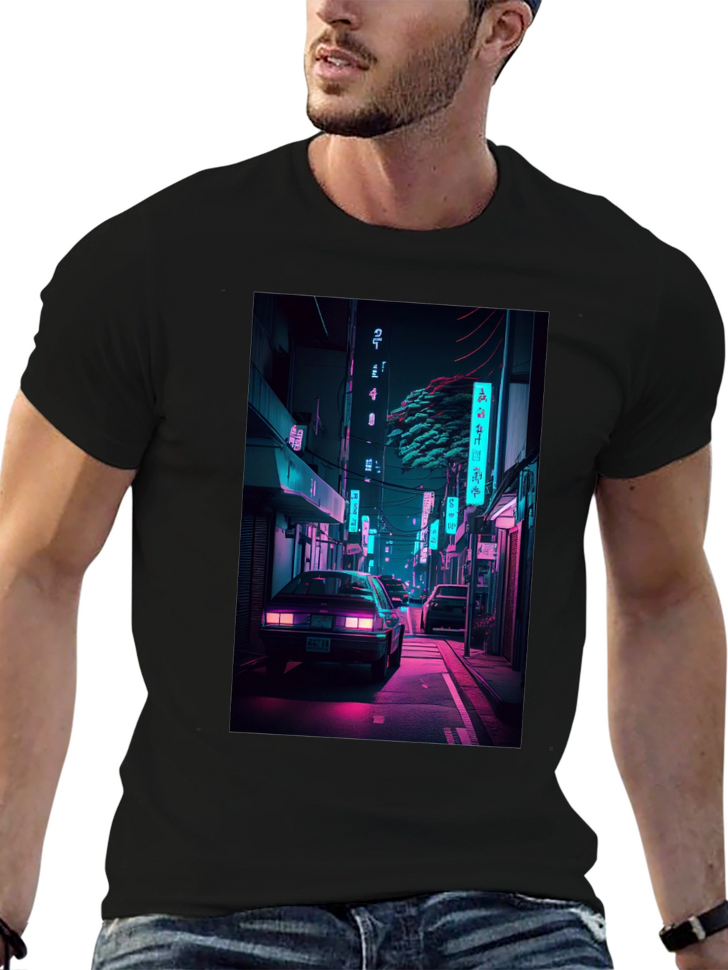 Retro Neon City Car Graphic T-Shirt