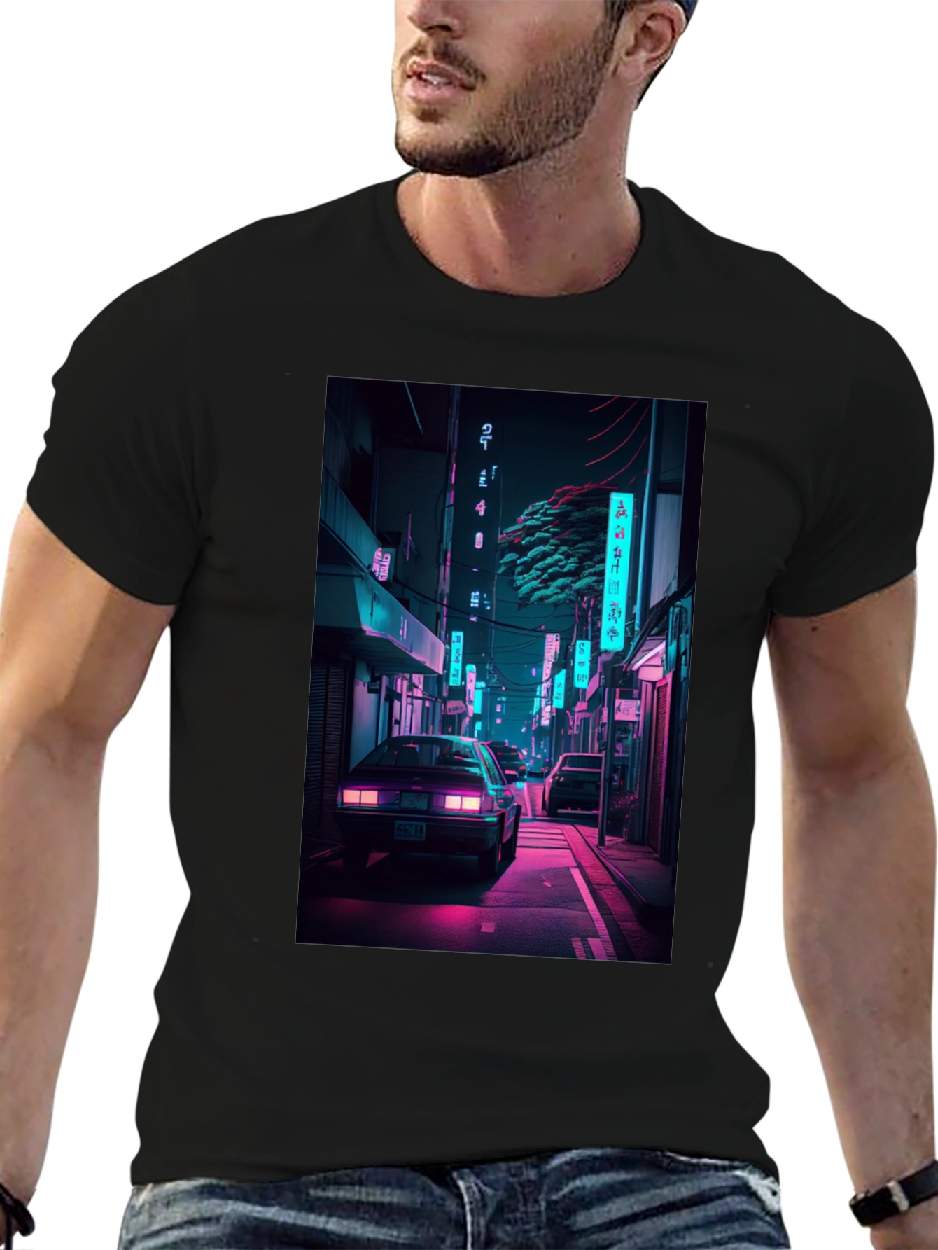 Retro Neon City Car Graphic T-Shirt