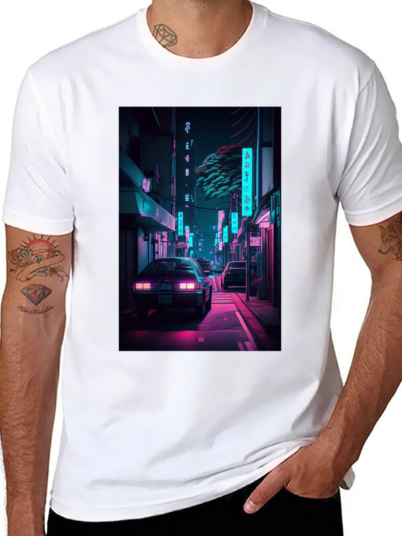 Retro Neon City Car Graphic T-Shirt