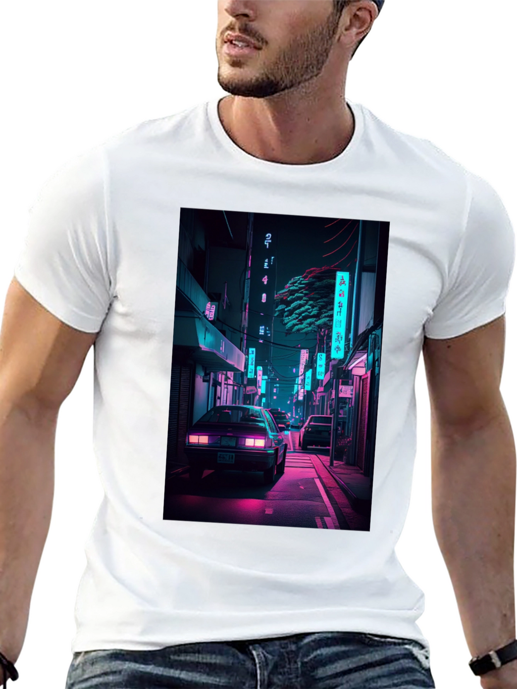 Retro Neon City Car Graphic T-Shirt