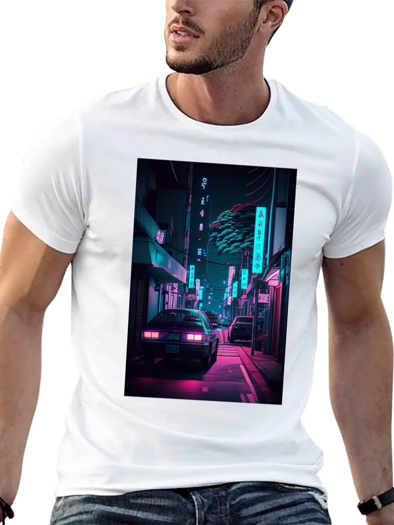 Retro Neon City Car Graphic T-Shirt