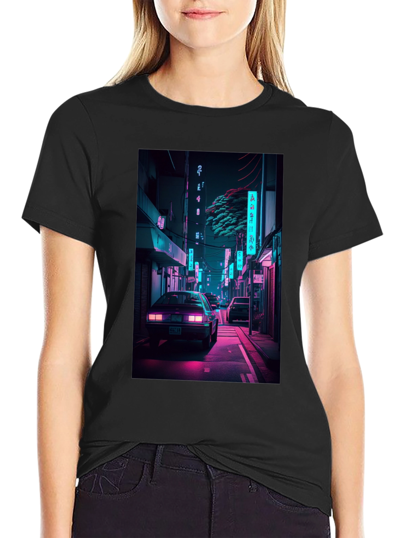 Retro Neon City Car Graphic T-Shirt