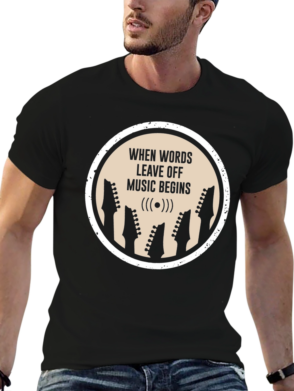 Music Begins T-Shirt | Guitar Head Silhouette Tee