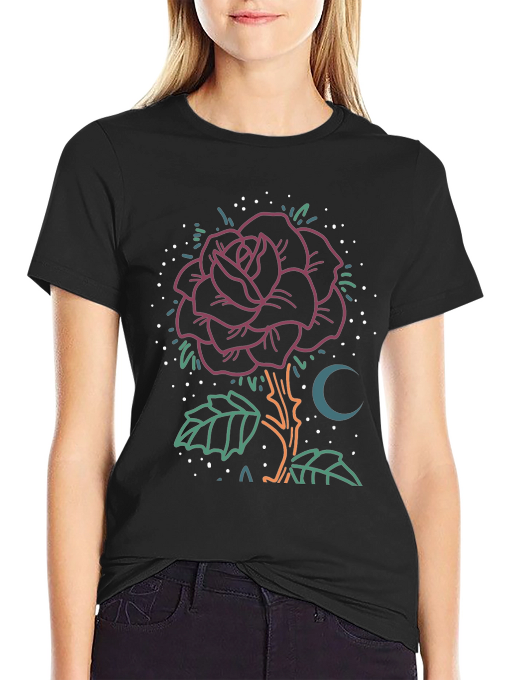 Rose & Moon Graphic Tee - Unique Design