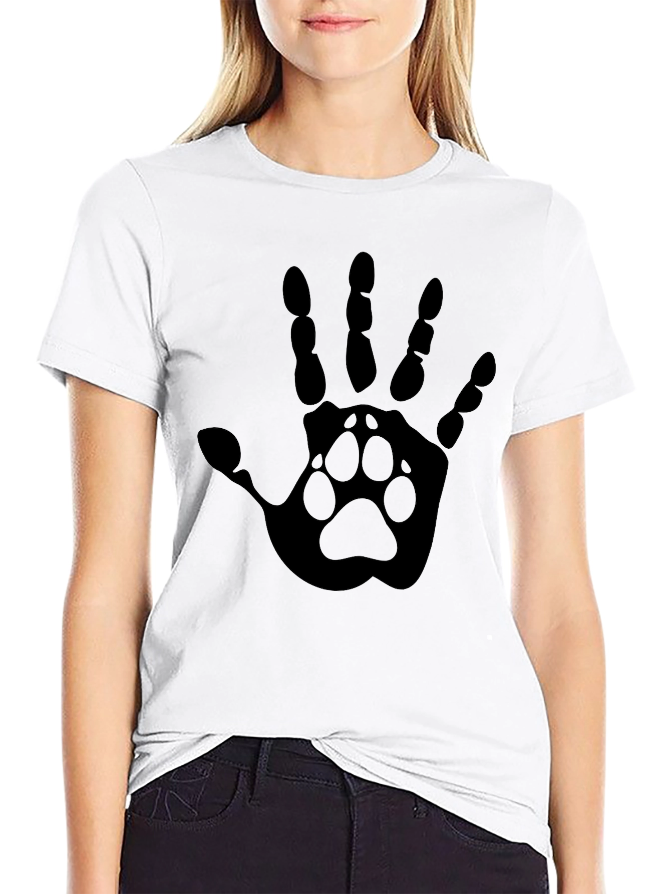 Hand Paw Print Graphic Tee - Black Cotton Blend T-Shirt