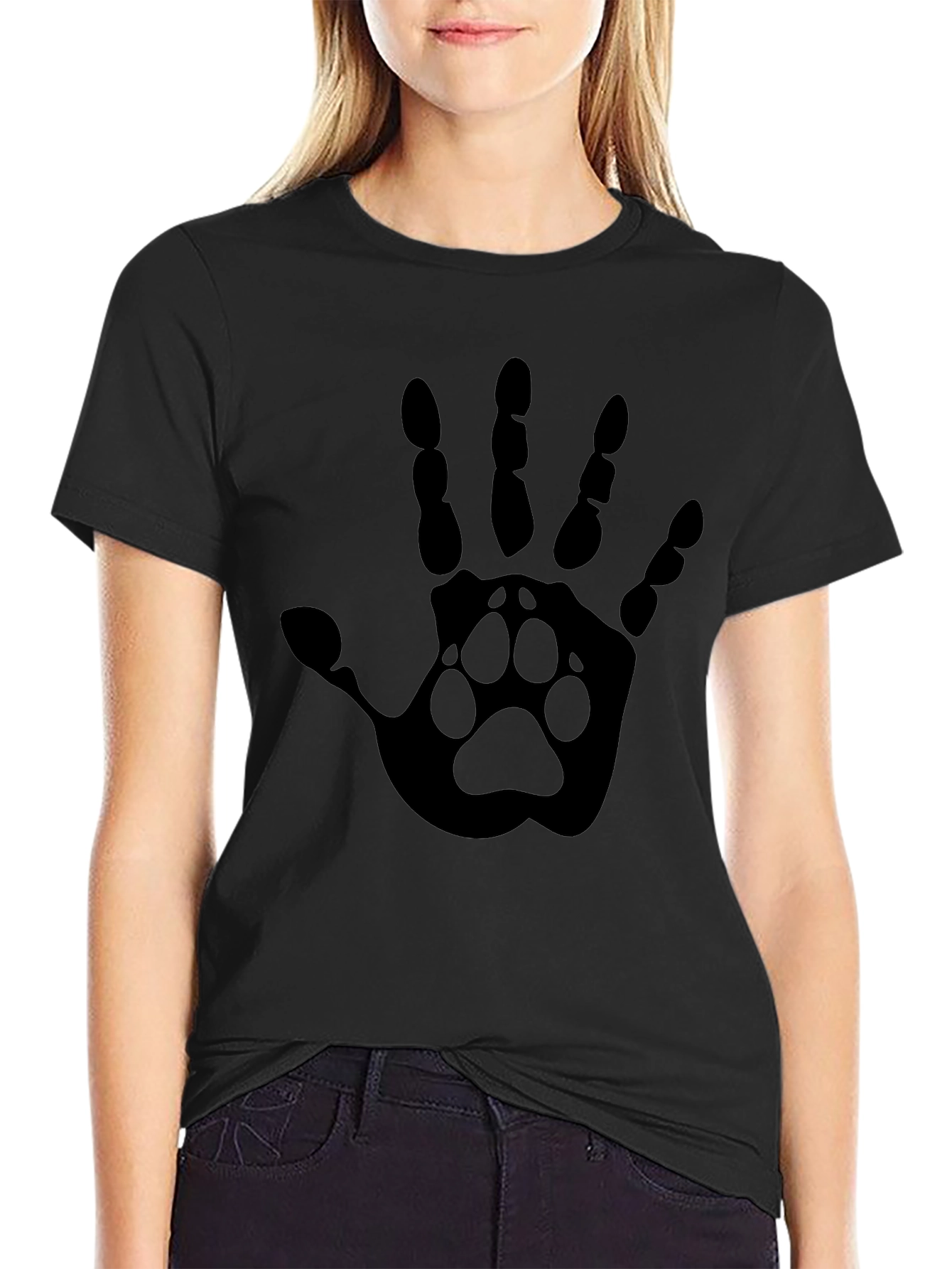 Hand Paw Print Graphic Tee - Black Cotton Blend T-Shirt