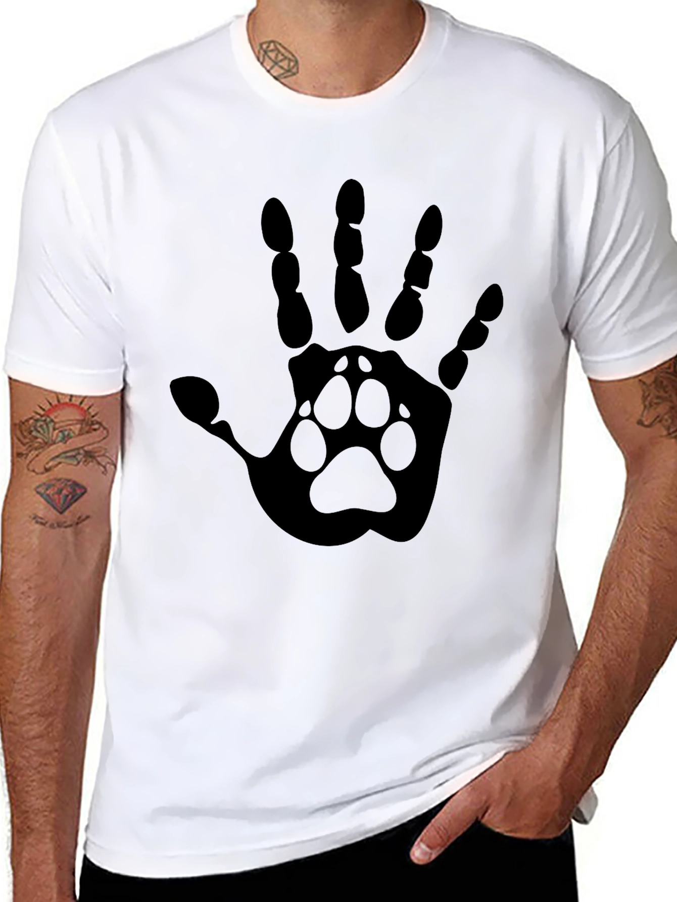 Hand Paw Print Graphic Tee - Black Cotton Blend T-Shirt