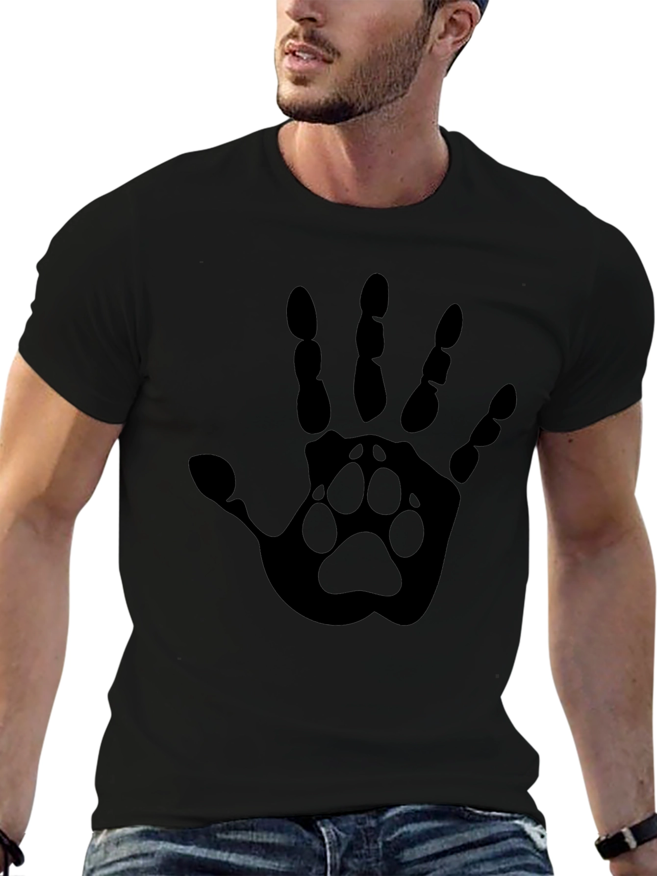 Hand Paw Print Graphic Tee - Black Cotton Blend T-Shirt