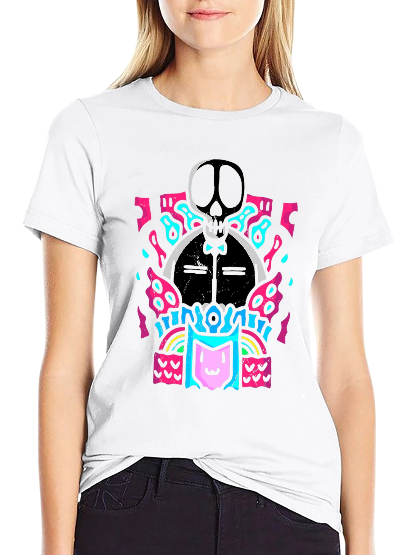Skull & Cat Graphic Tee - Funky Black T-Shirt