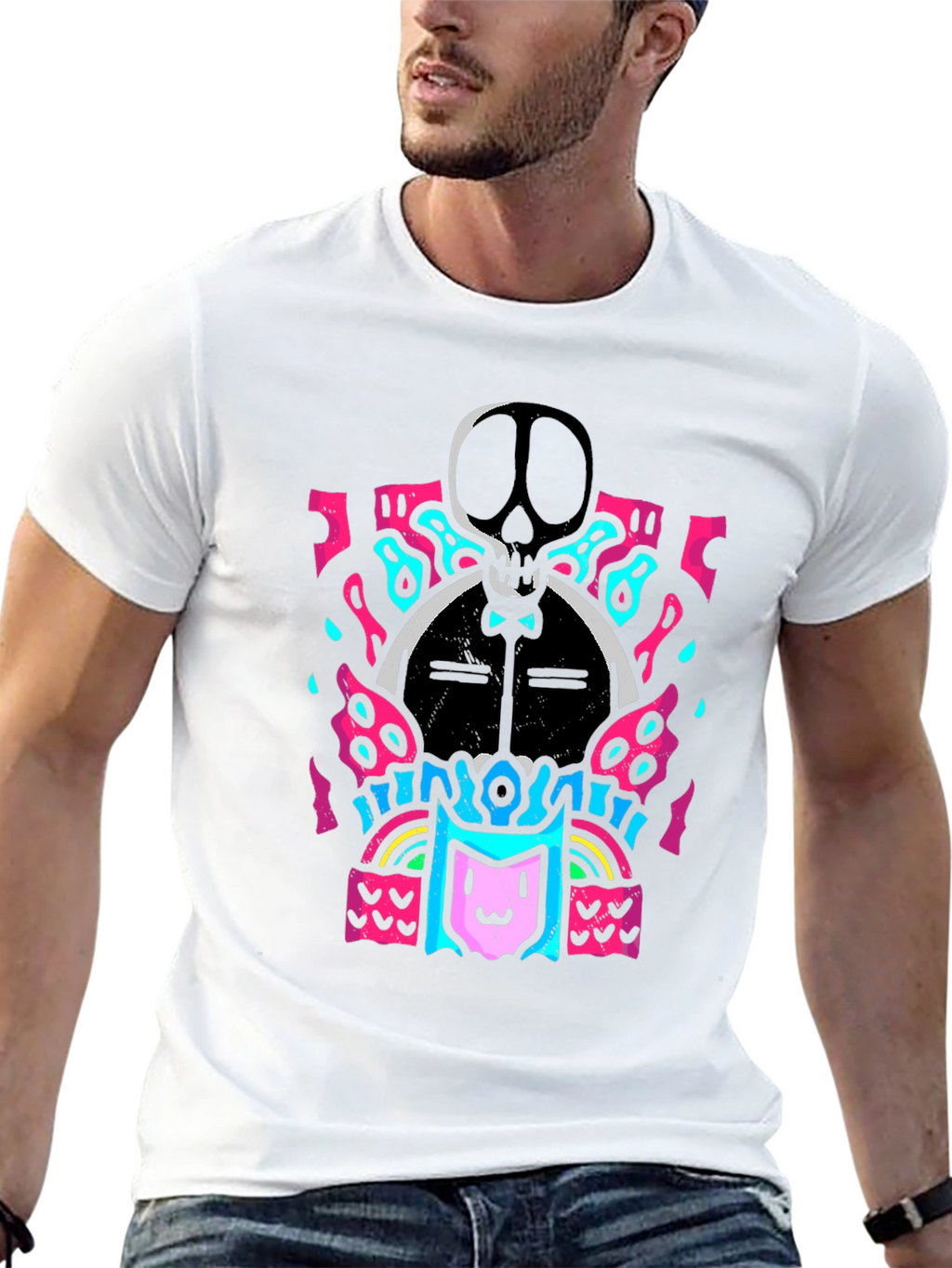 Skull & Cat Graphic Tee - Funky Black T-Shirt