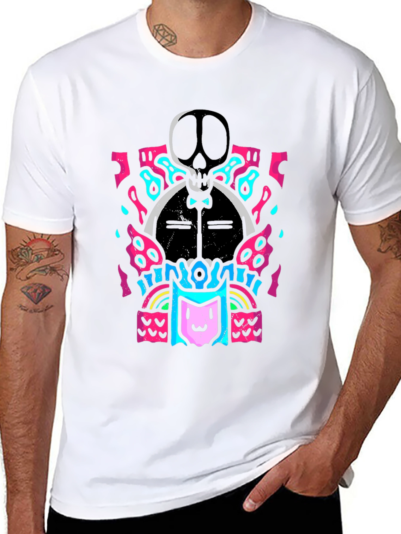 Skull & Cat Graphic Tee - Funky Black T-Shirt