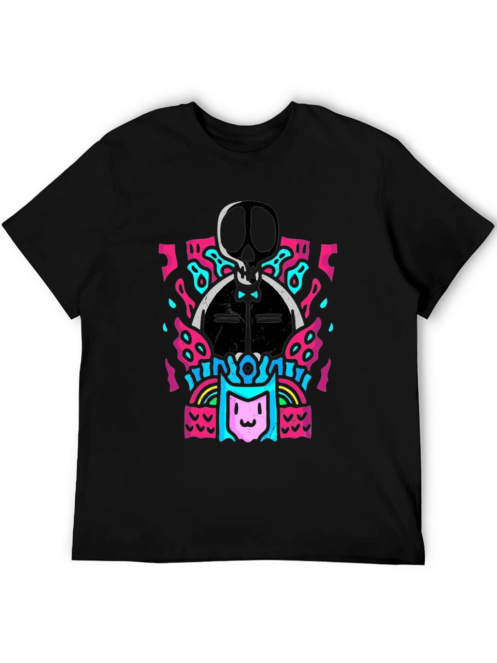 Skull & Cat Graphic Tee - Funky Black T-Shirt