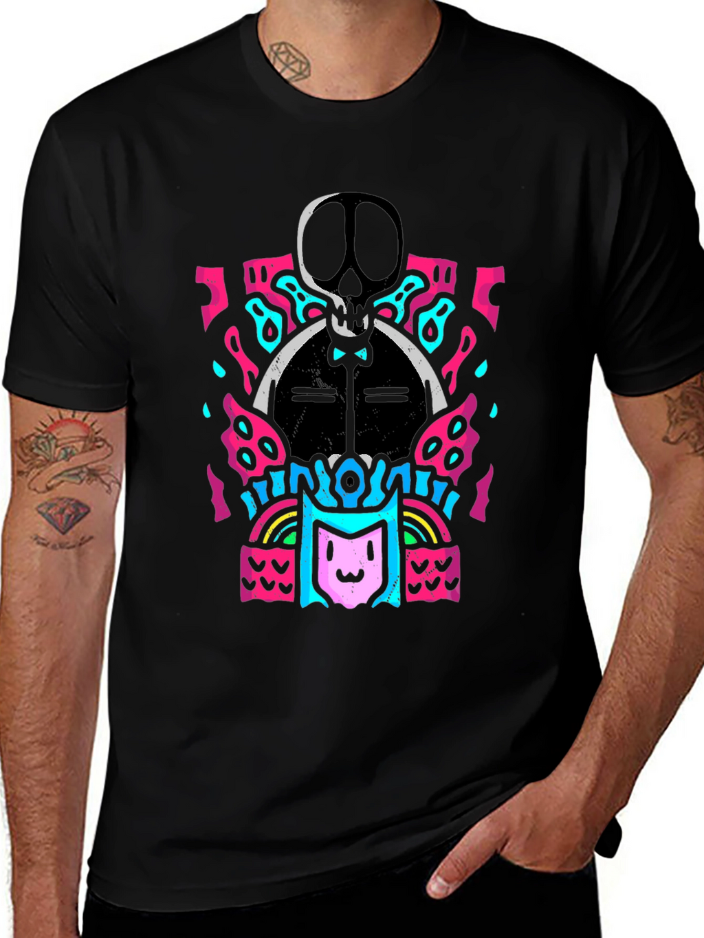 Skull & Cat Graphic Tee - Funky Black T-Shirt