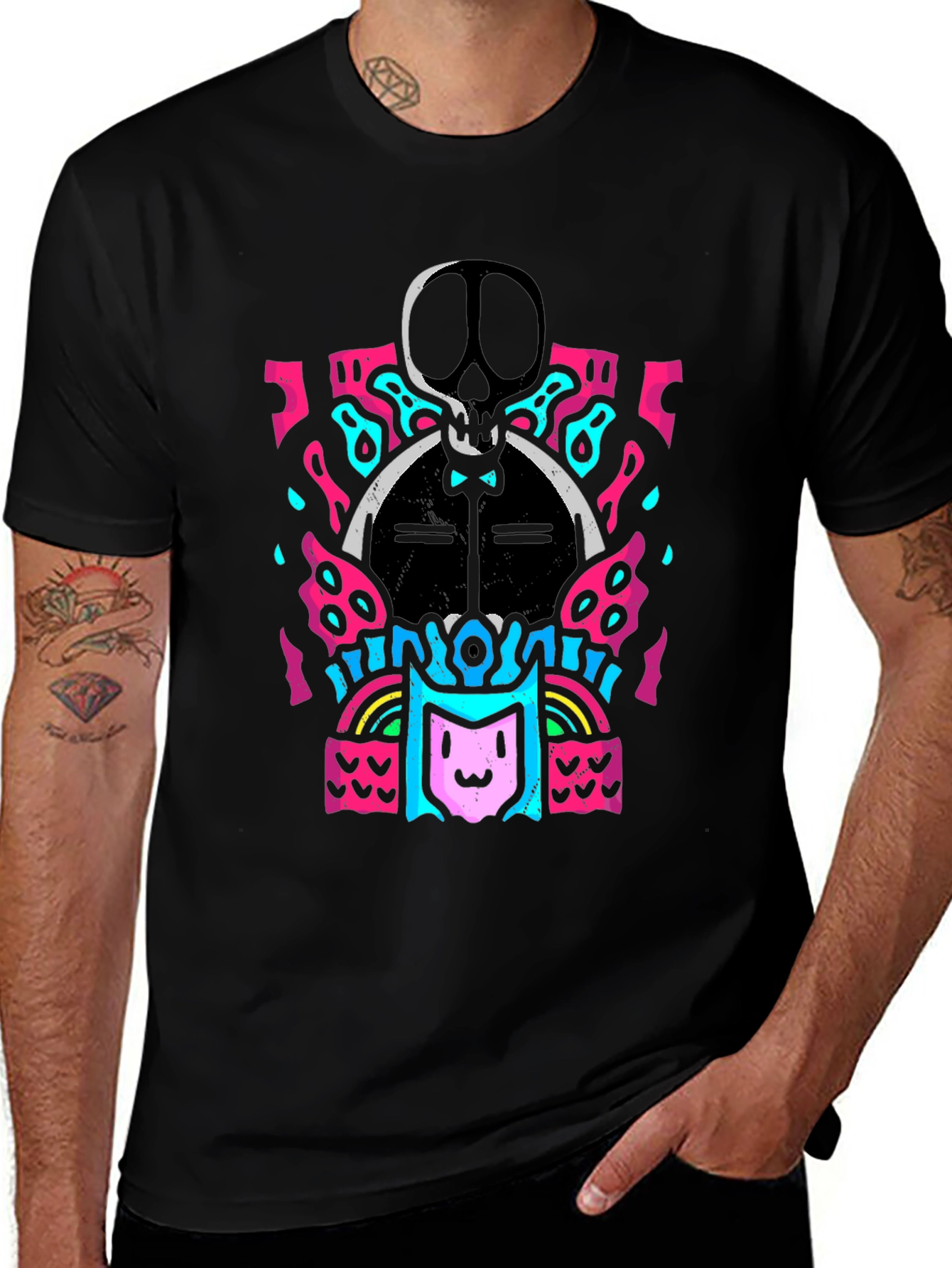 Skull & Cat Graphic Tee - Funky Black T-Shirt