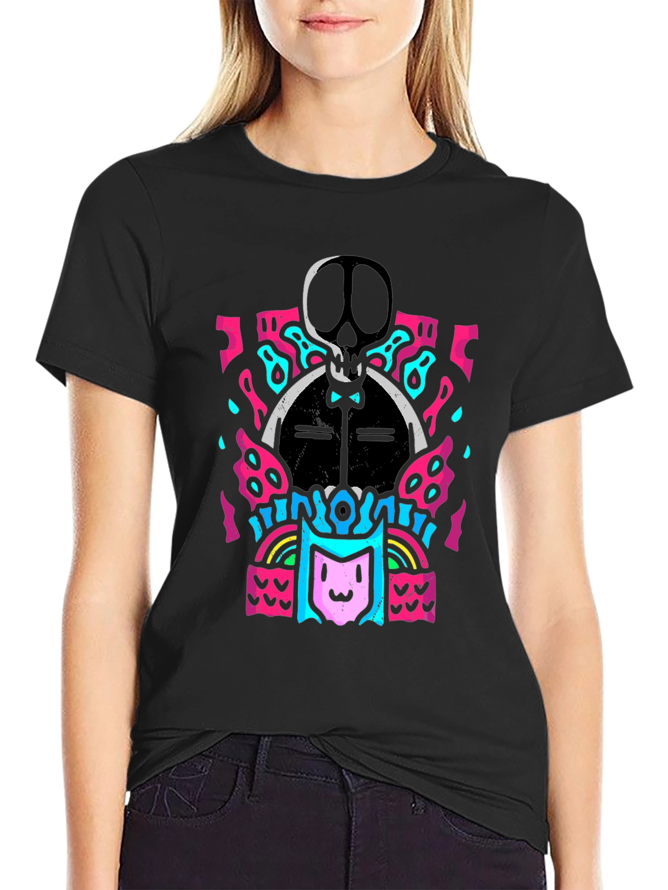 Skull & Cat Graphic Tee - Funky Black T-Shirt