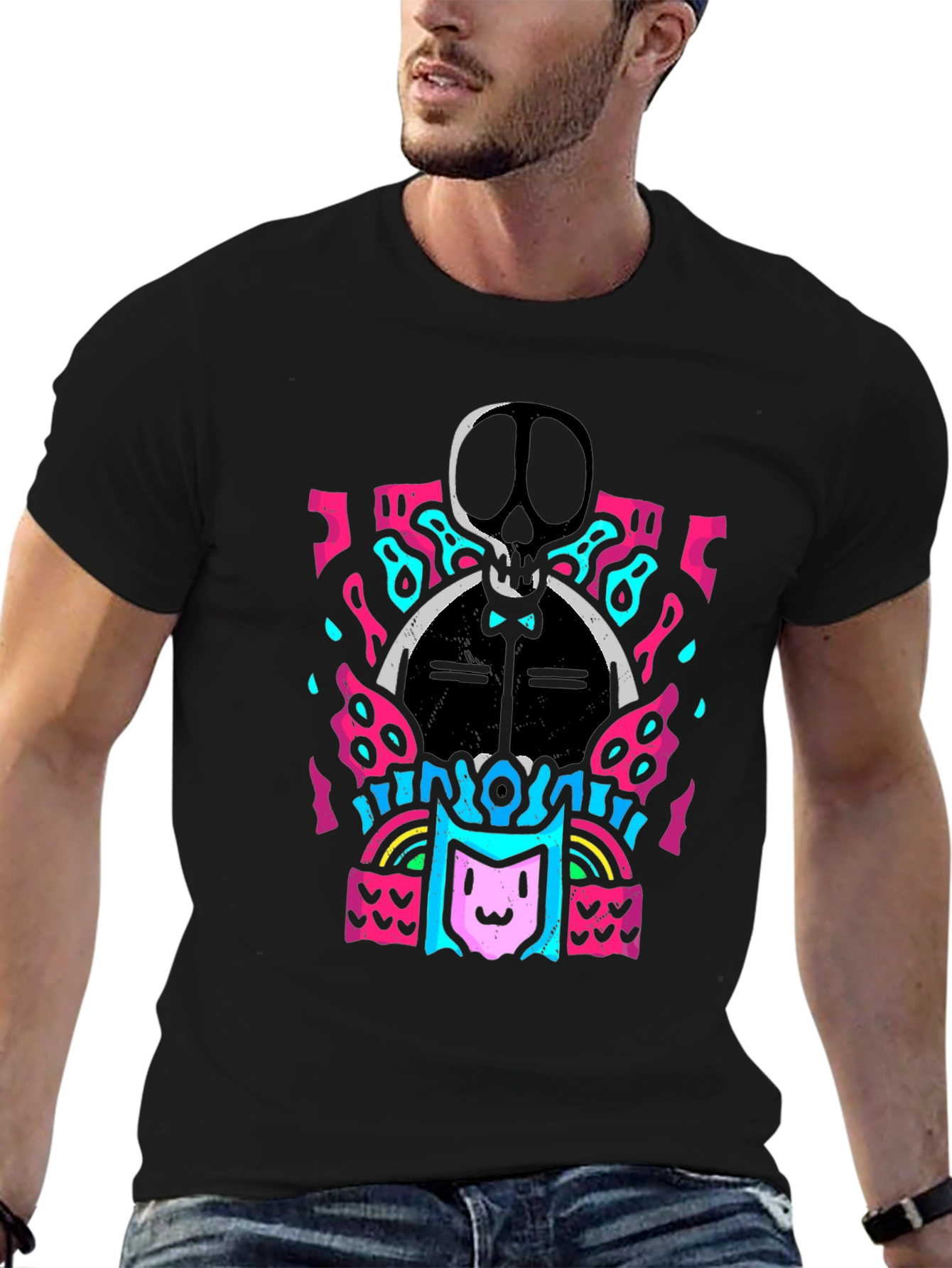 Skull & Cat Graphic Tee - Funky Black T-Shirt