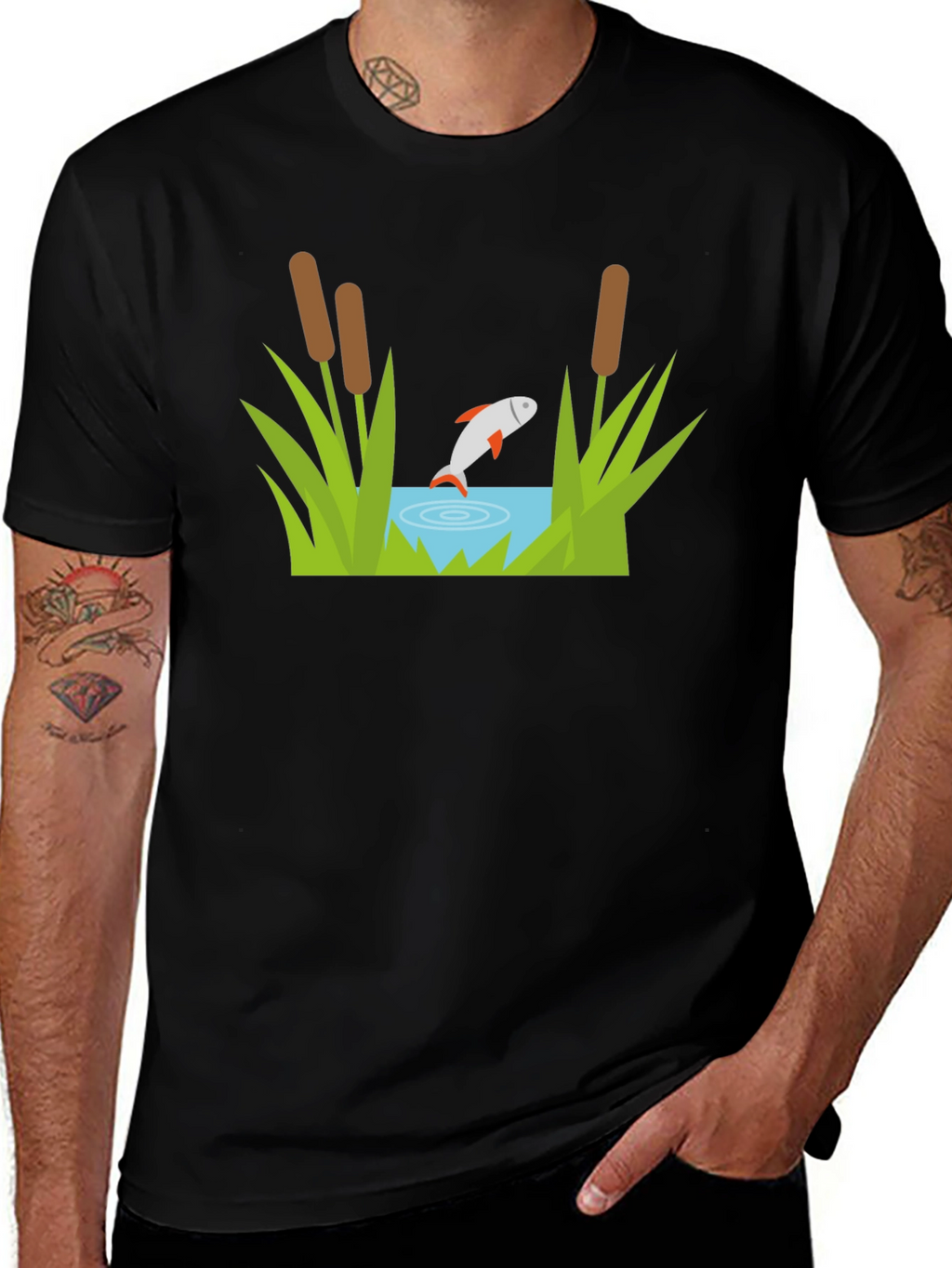 Fish Pond Graphic Tee - Black Cotton T-Shirt