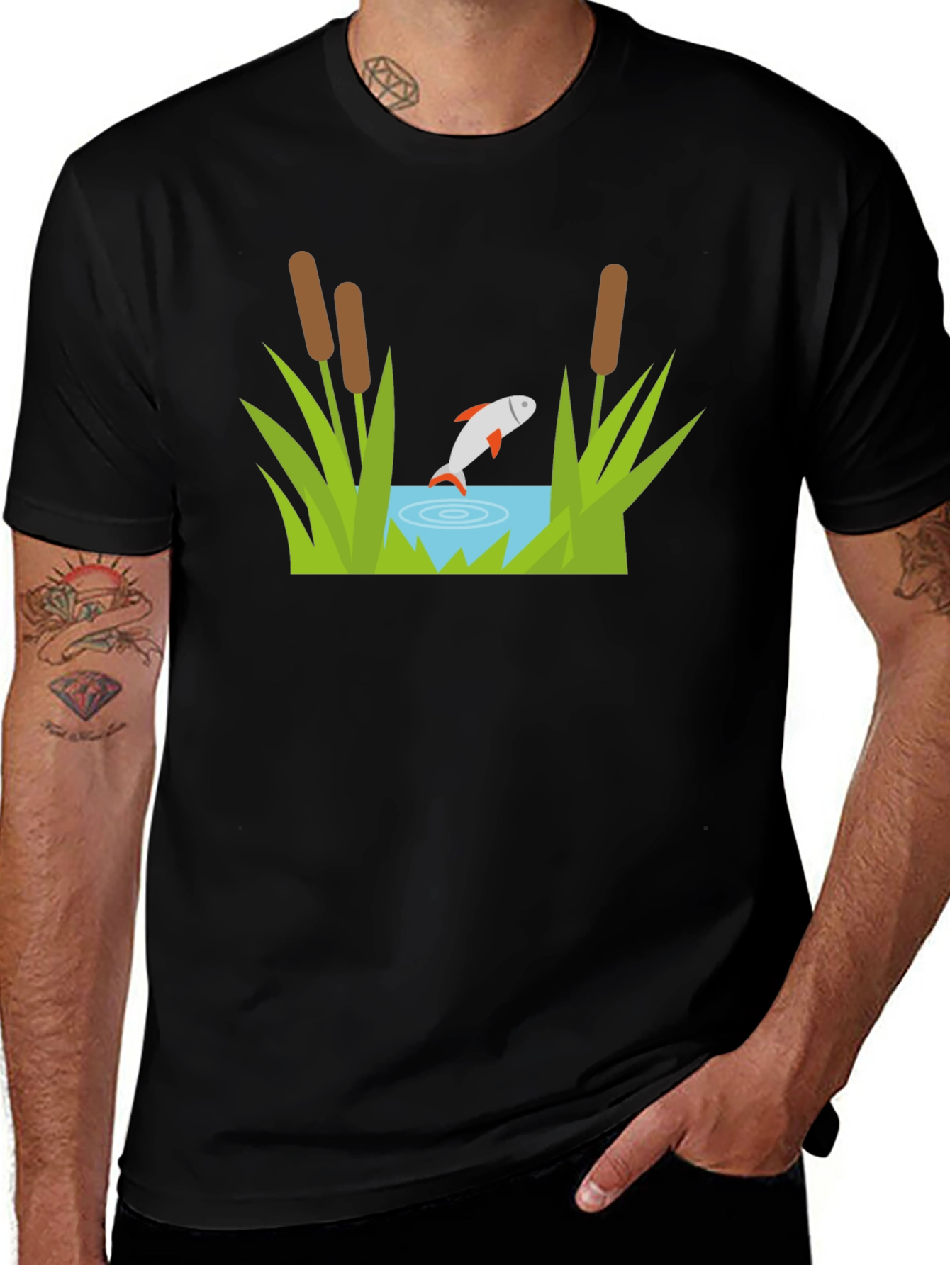 Fish Pond Graphic Tee - Black Cotton T-Shirt