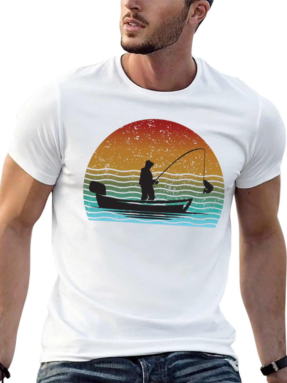 Vintage Fishing T-Shirt - Fisherman at Sunset
