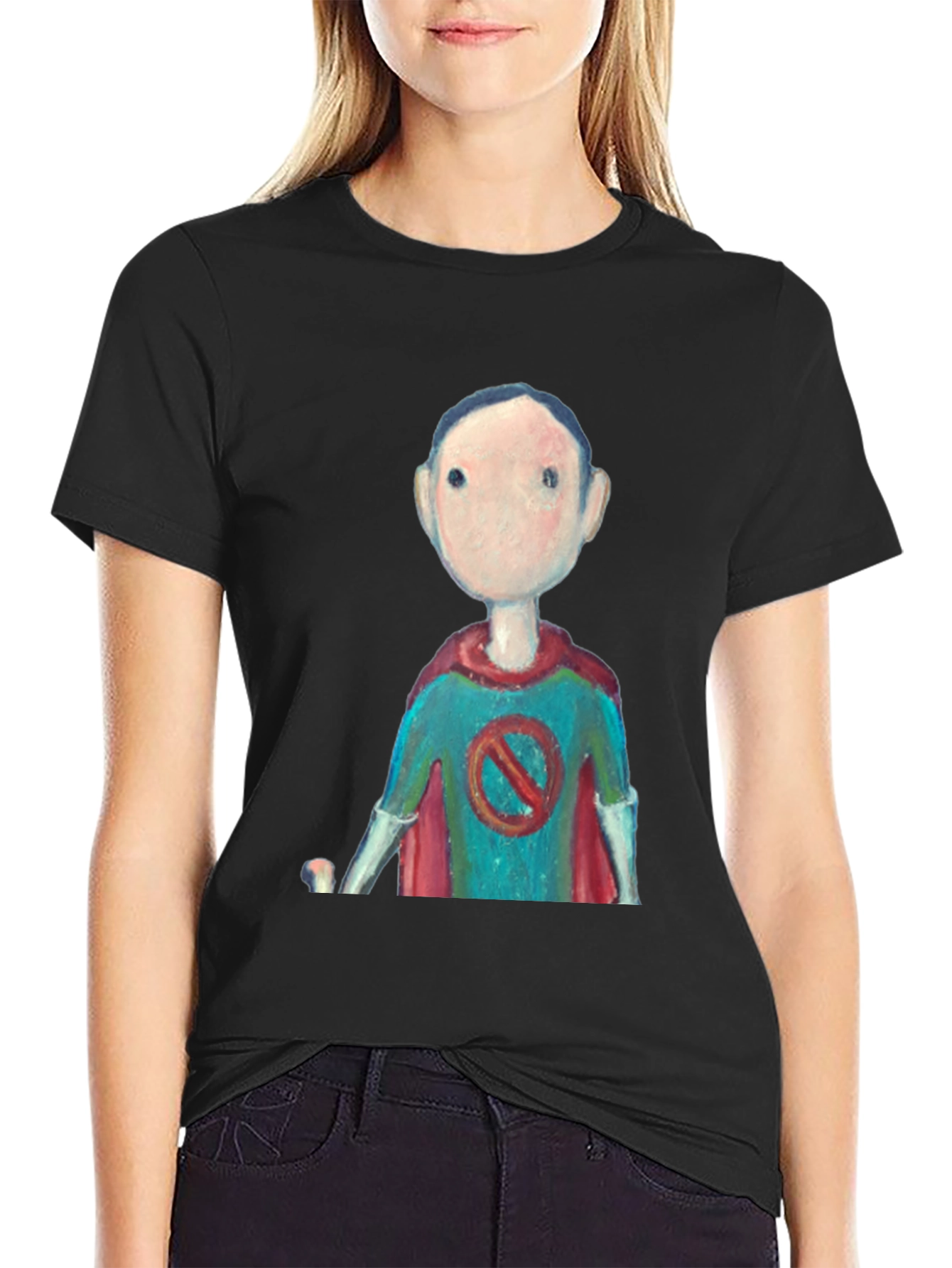 Superhero Cartoon Graphic Tee - Black Casual T-Shirt