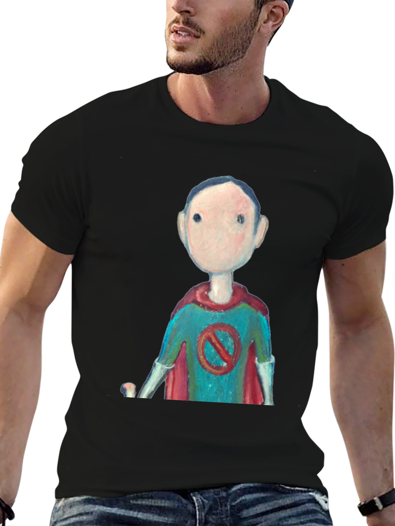 Superhero Cartoon Graphic Tee - Black Casual T-Shirt