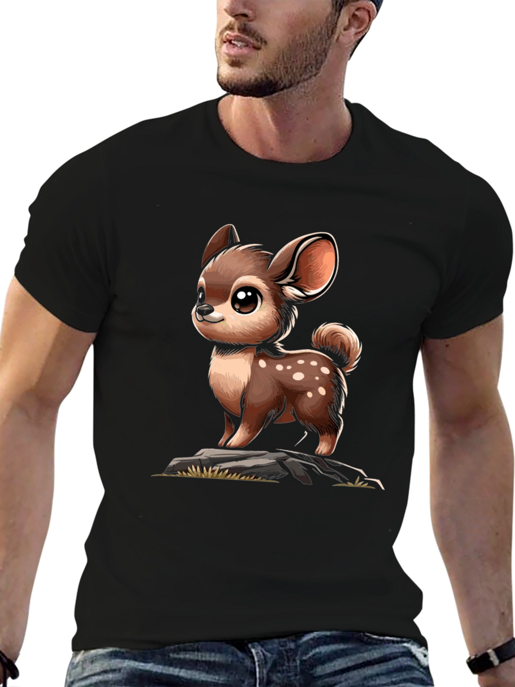 Cute Deer Cartoon Graphic Black T-Shirt
