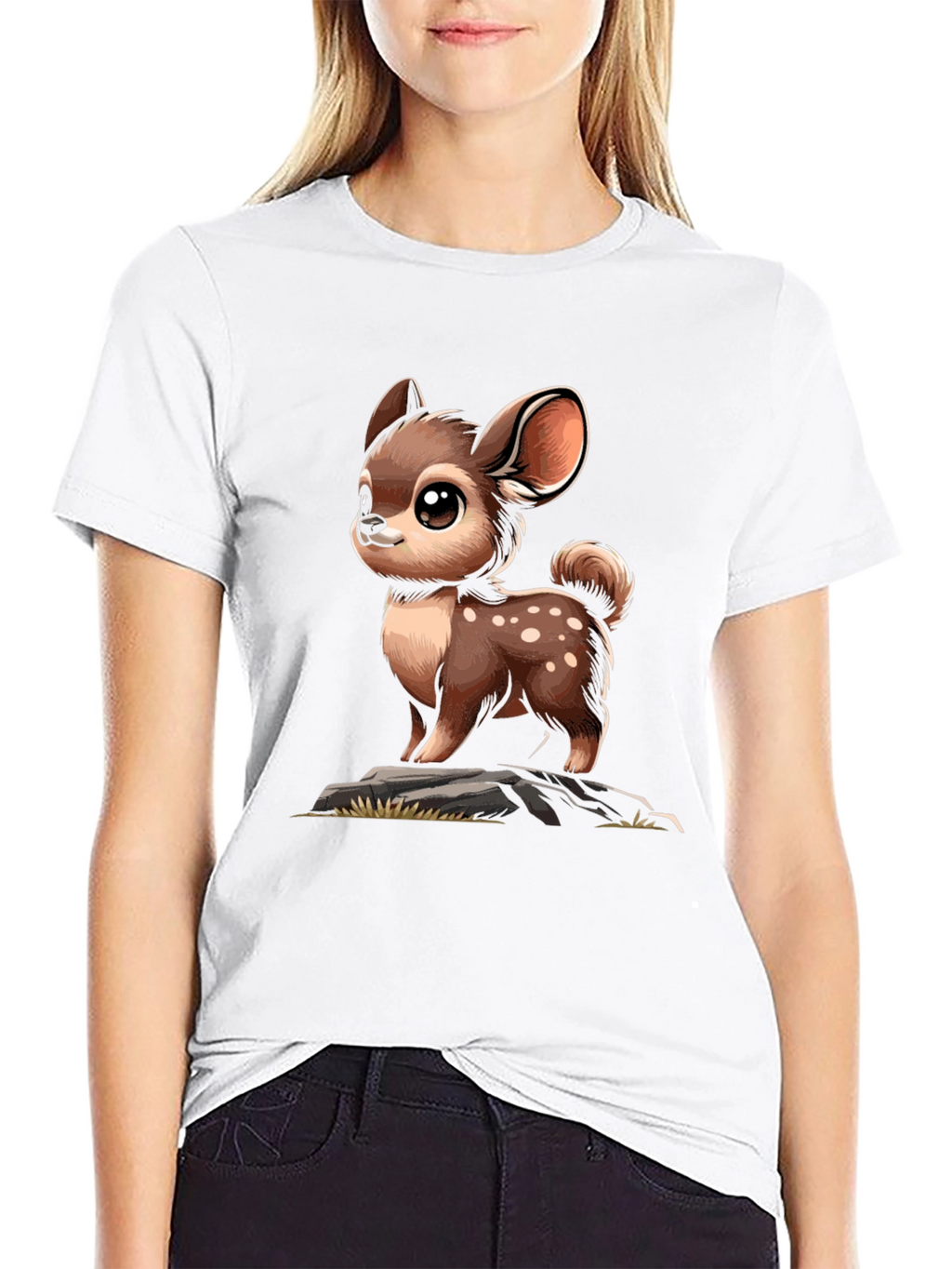 Cute Deer Cartoon Graphic Black T-Shirt