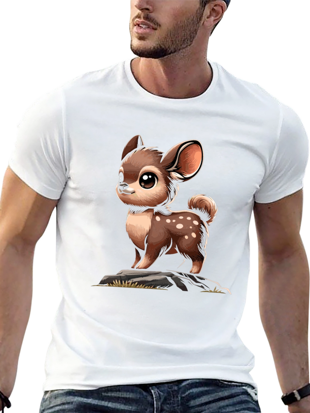 Cute Deer Cartoon Graphic Black T-Shirt
