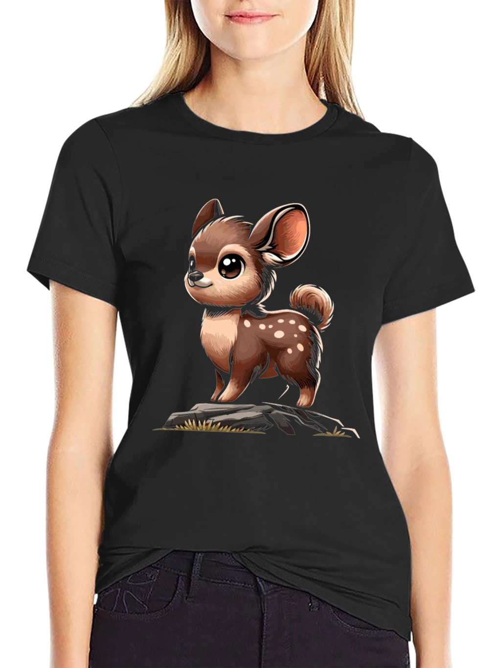 Cute Deer Cartoon Graphic Black T-Shirt