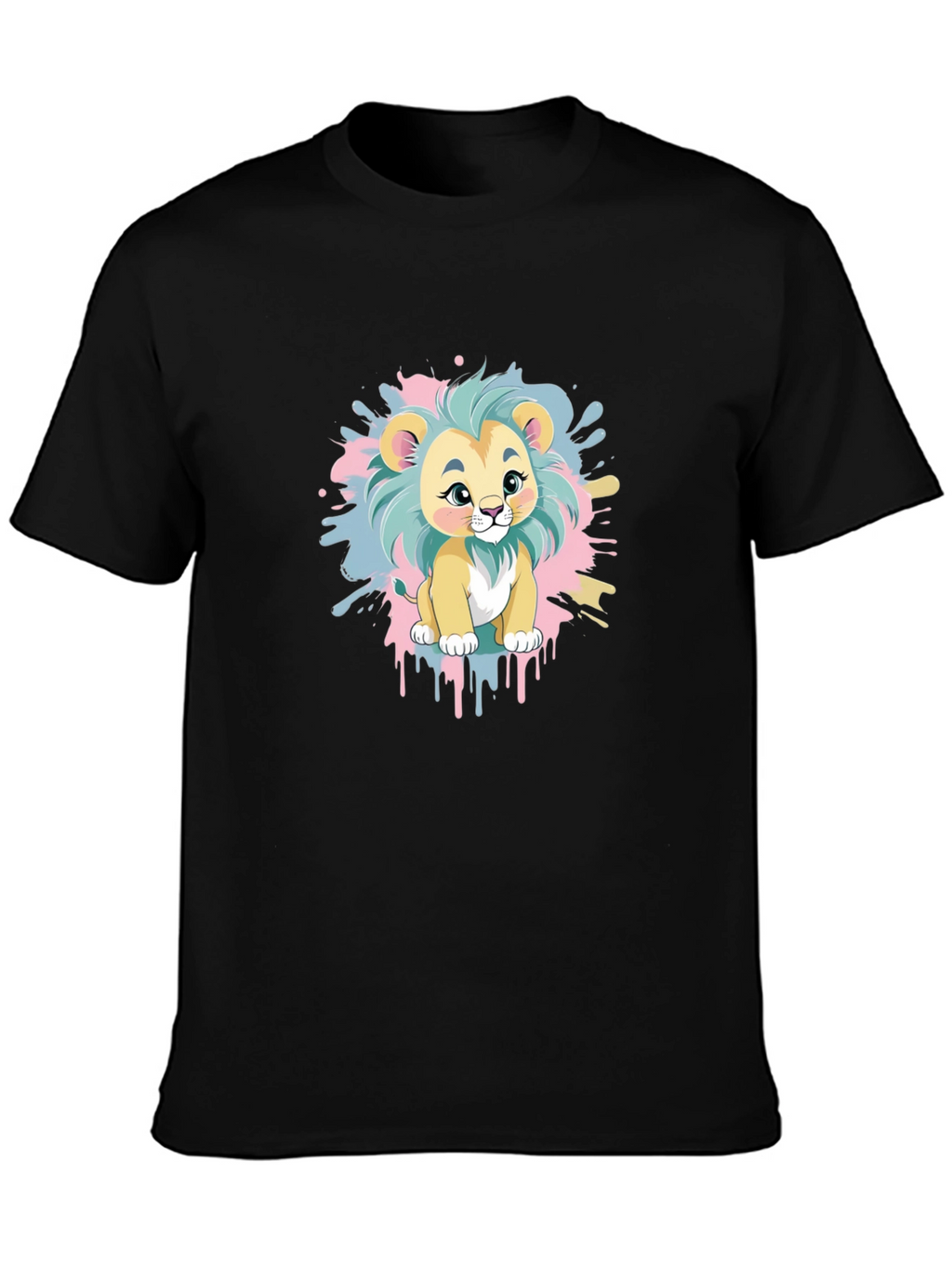 Cute Cartoon Lion Graphic Tee - Black Cotton Blend