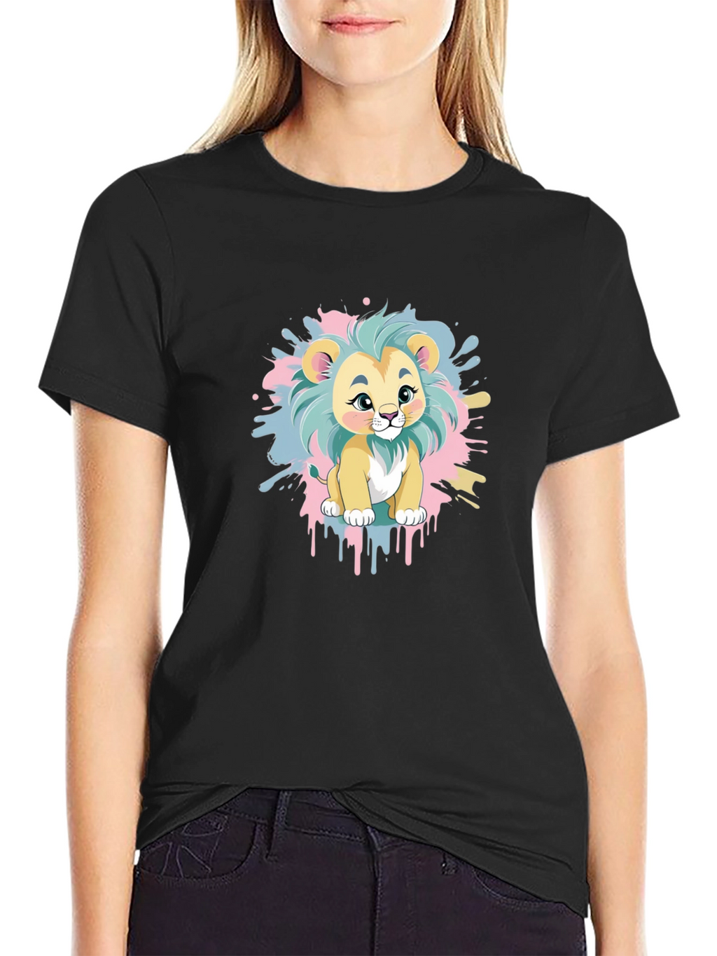 Cute Cartoon Lion Graphic Tee - Black Cotton Blend